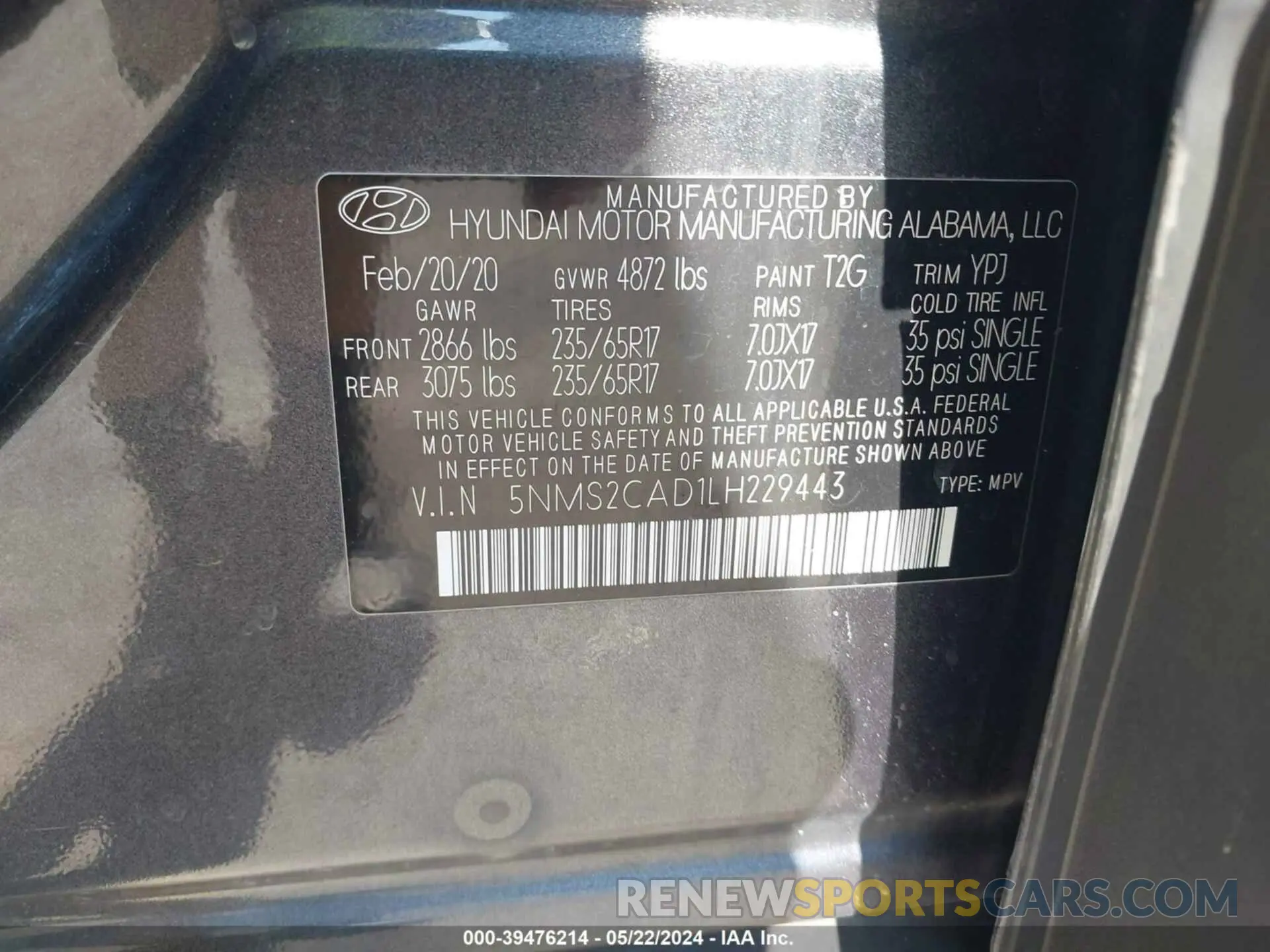 9 Photograph of a damaged car 5NMS2CAD1LH229443 HYUNDAI SANTA FE 2020