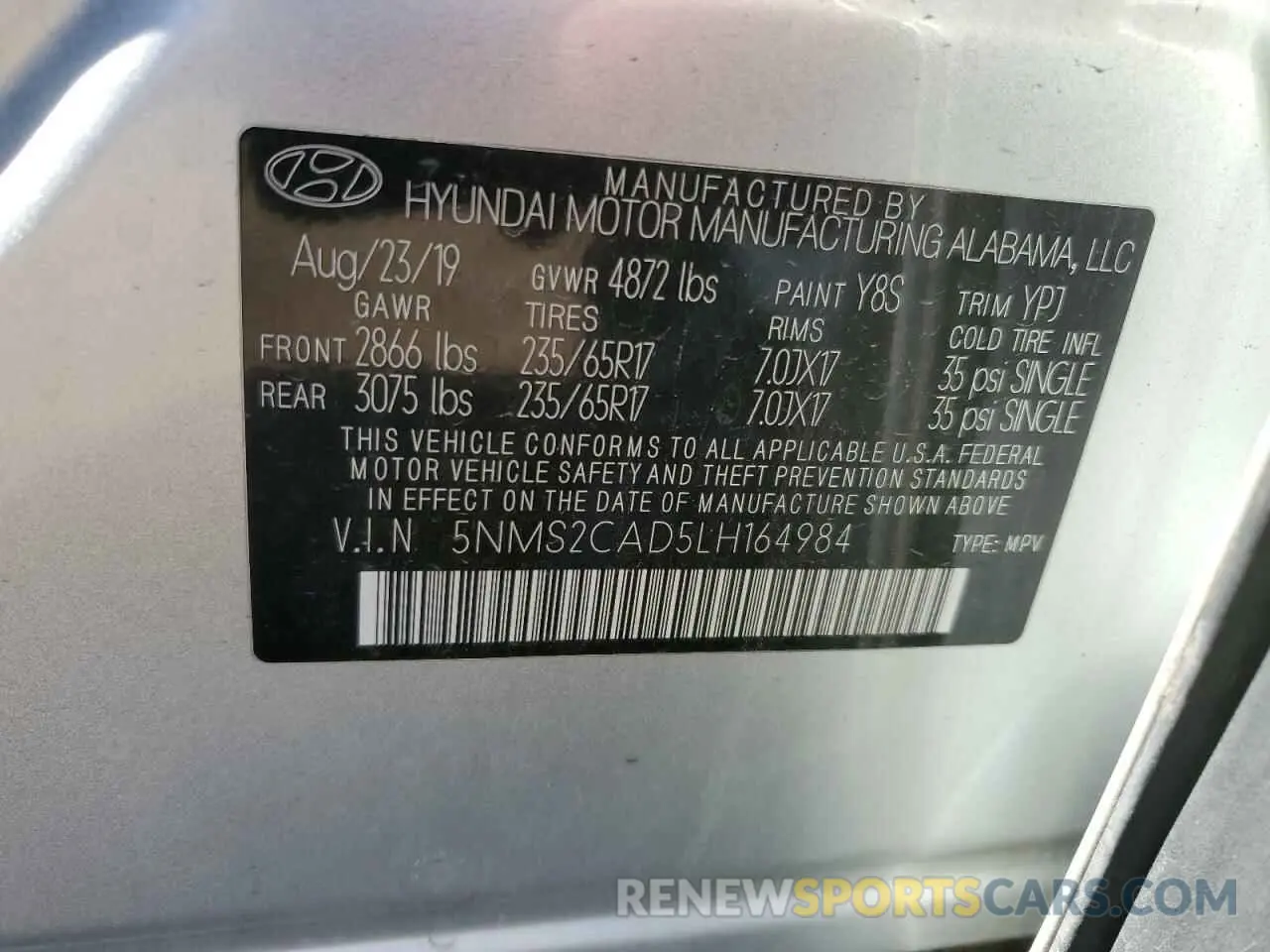 12 Photograph of a damaged car 5NMS2CAD5LH164984 HYUNDAI SANTA FE 2020