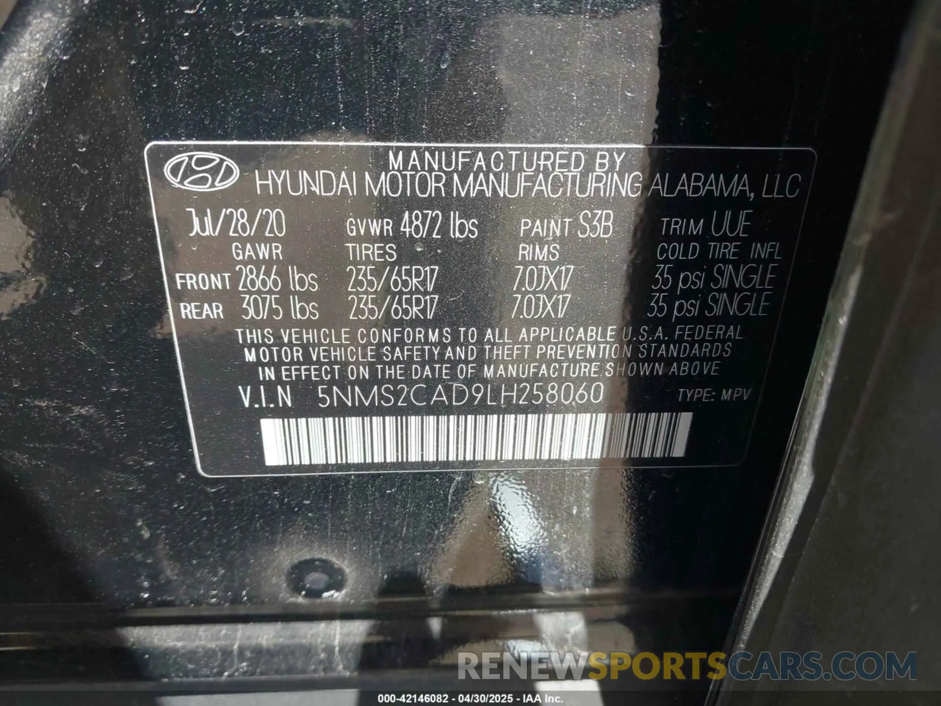 9 Photograph of a damaged car 5NMS2CAD9LH258060 HYUNDAI SANTA FE 2020