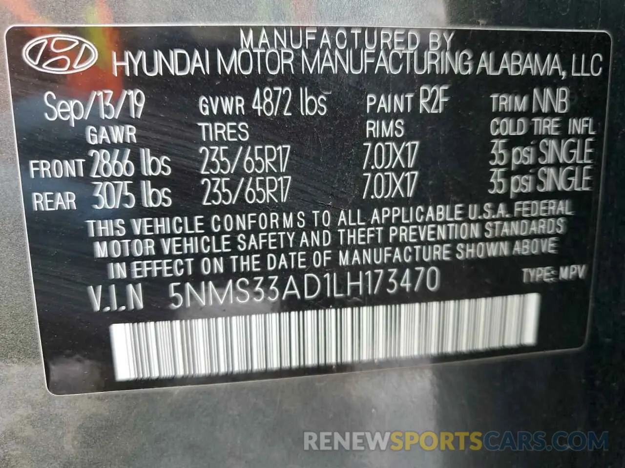 13 Photograph of a damaged car 5NMS33AD1LH173470 HYUNDAI SANTA FE 2020