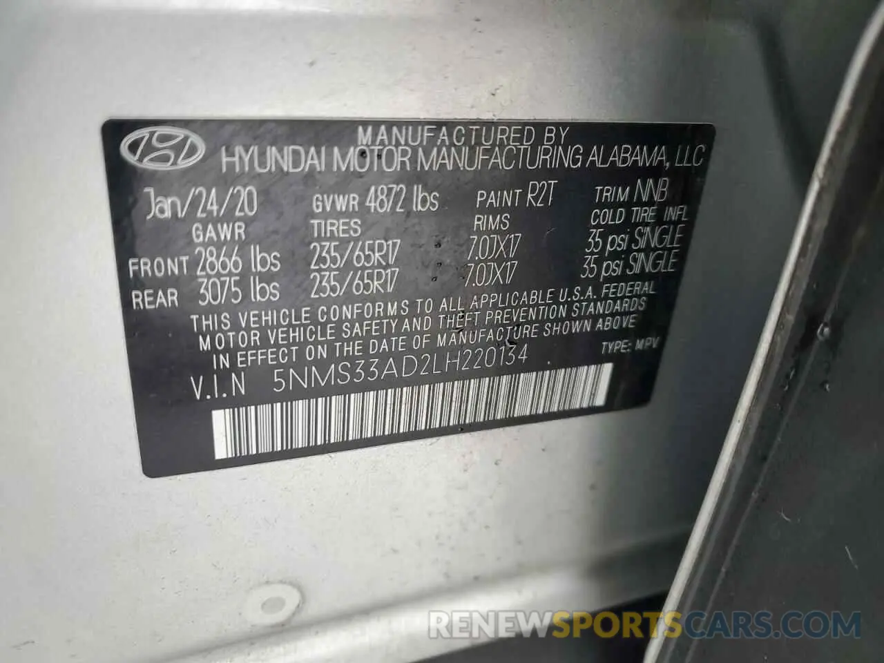 16 Photograph of a damaged car 5NMS33AD2LH220134 HYUNDAI SANTA FE 2020