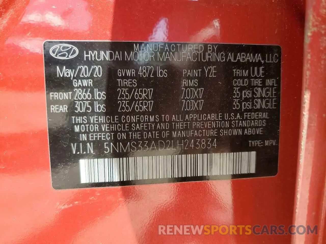 13 Photograph of a damaged car 5NMS33AD2LH243834 HYUNDAI SANTA FE 2020