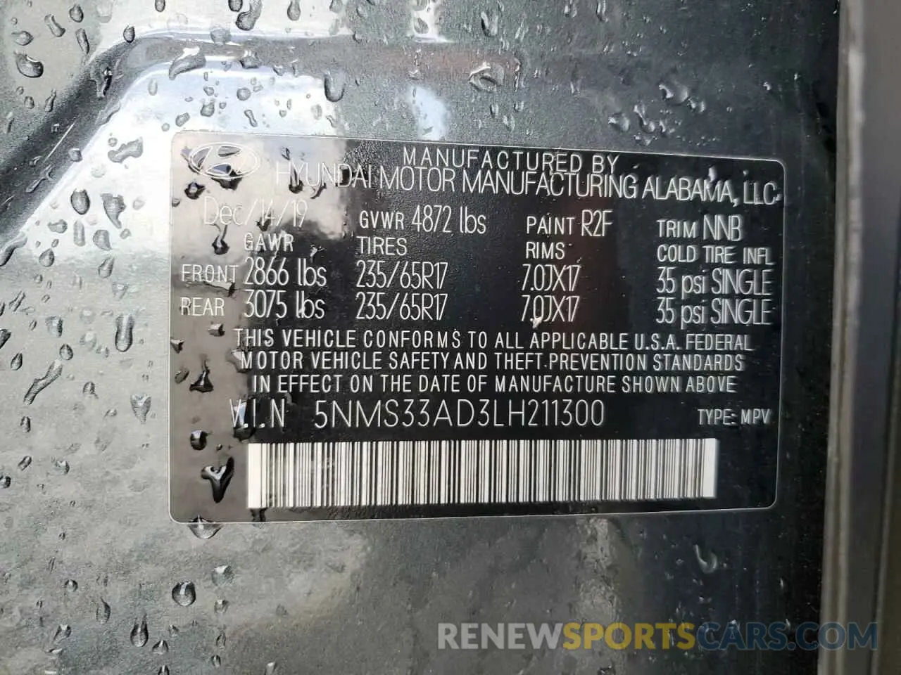 14 Photograph of a damaged car 5NMS33AD3LH211300 HYUNDAI SANTA FE 2020