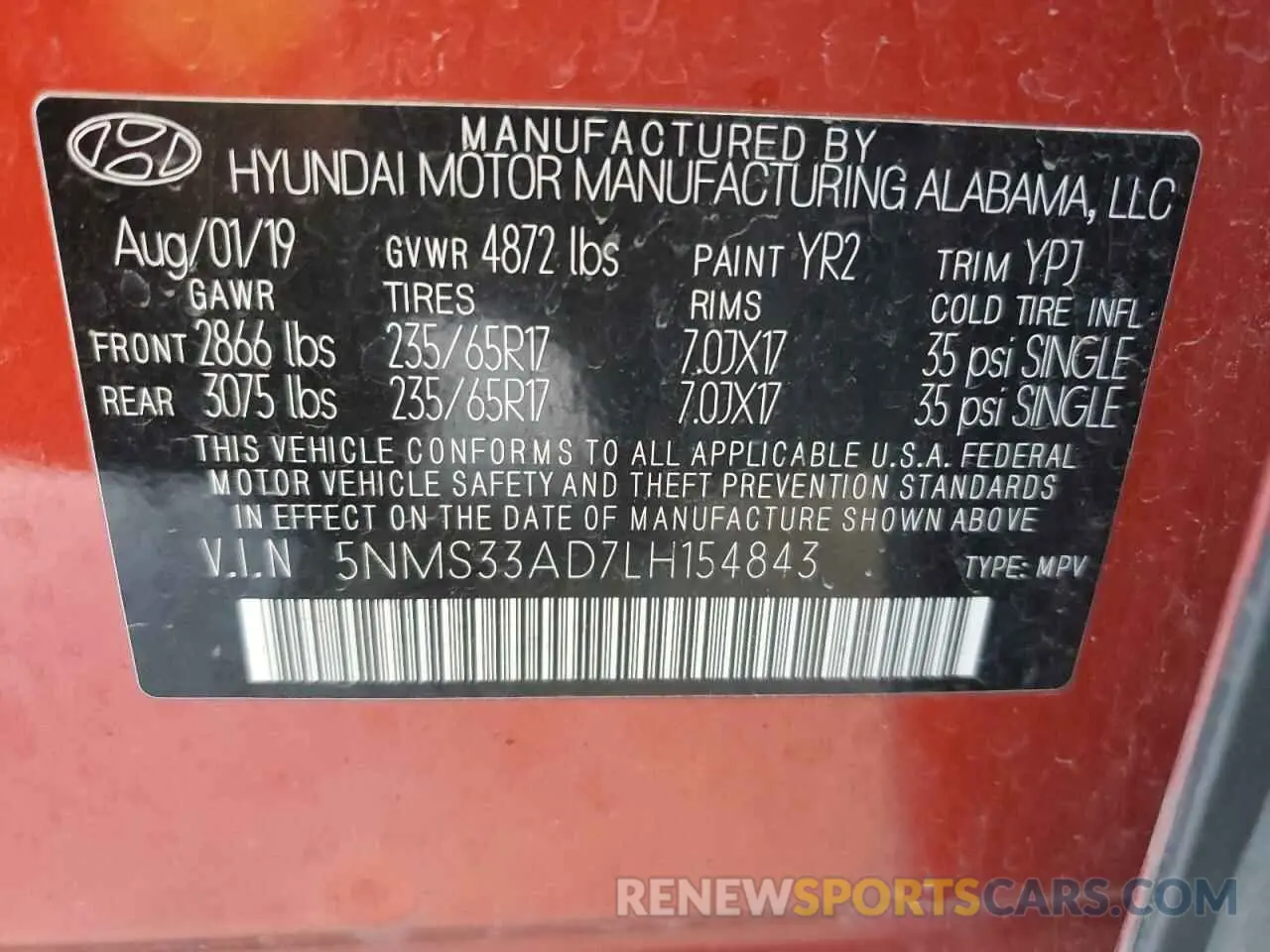 13 Photograph of a damaged car 5NMS33AD7LH154843 HYUNDAI SANTA FE 2020