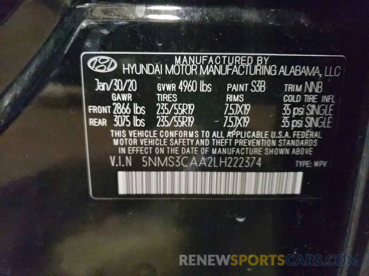 13 Photograph of a damaged car 5NMS3CAA2LH222374 HYUNDAI SANTA FE 2020