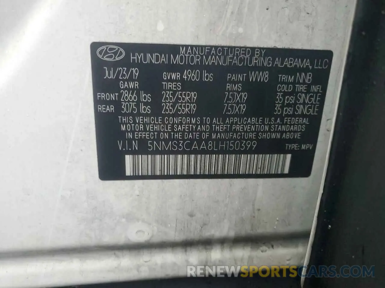 14 Photograph of a damaged car 5NMS3CAA8LH150399 HYUNDAI SANTA FE 2020