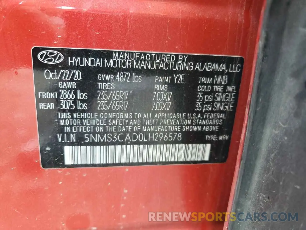 13 Photograph of a damaged car 5NMS3CAD0LH296578 HYUNDAI SANTA FE 2020