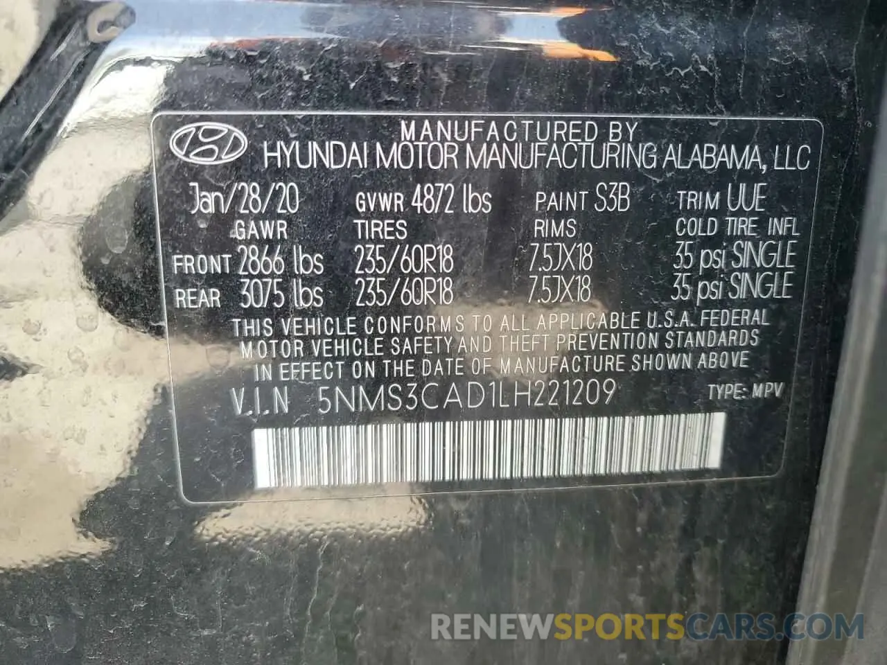 13 Photograph of a damaged car 5NMS3CAD1LH221209 HYUNDAI SANTA FE 2020