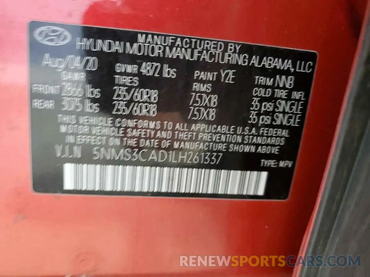 13 Photograph of a damaged car 5NMS3CAD1LH261337 HYUNDAI SANTA FE 2020