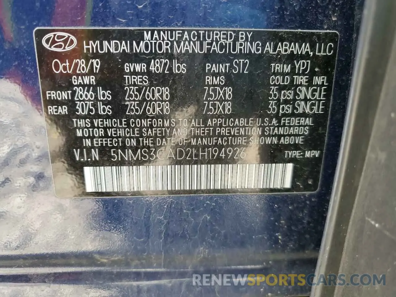 13 Photograph of a damaged car 5NMS3CAD2LH194926 HYUNDAI SANTA FE 2020