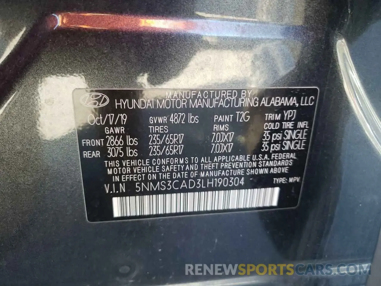 13 Photograph of a damaged car 5NMS3CAD3LH190304 HYUNDAI SANTA FE 2020