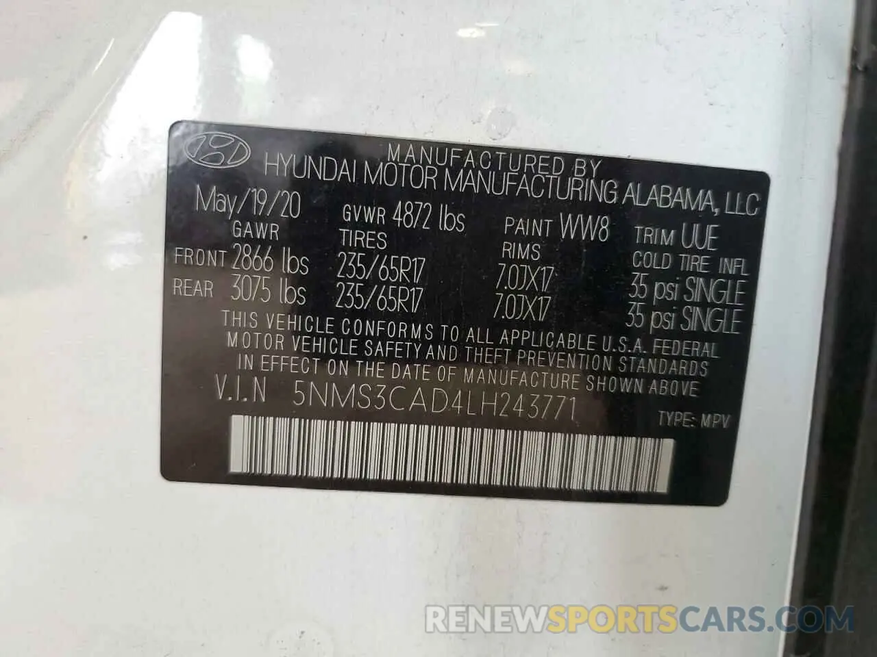 12 Photograph of a damaged car 5NMS3CAD4LH243771 HYUNDAI SANTA FE 2020