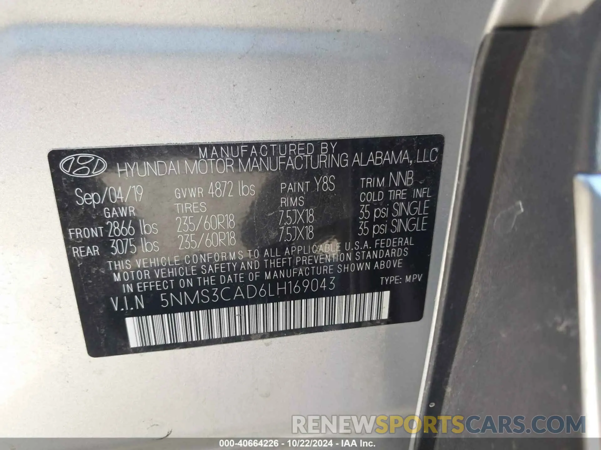 9 Photograph of a damaged car 5NMS3CAD6LH169043 HYUNDAI SANTA FE 2020
