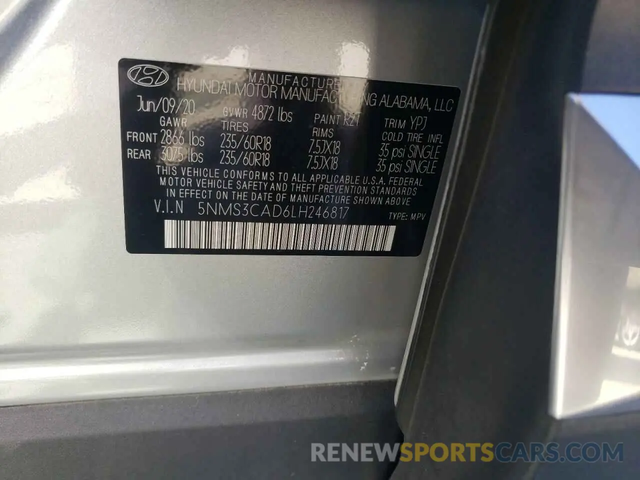 13 Photograph of a damaged car 5NMS3CAD6LH246817 HYUNDAI SANTA FE 2020