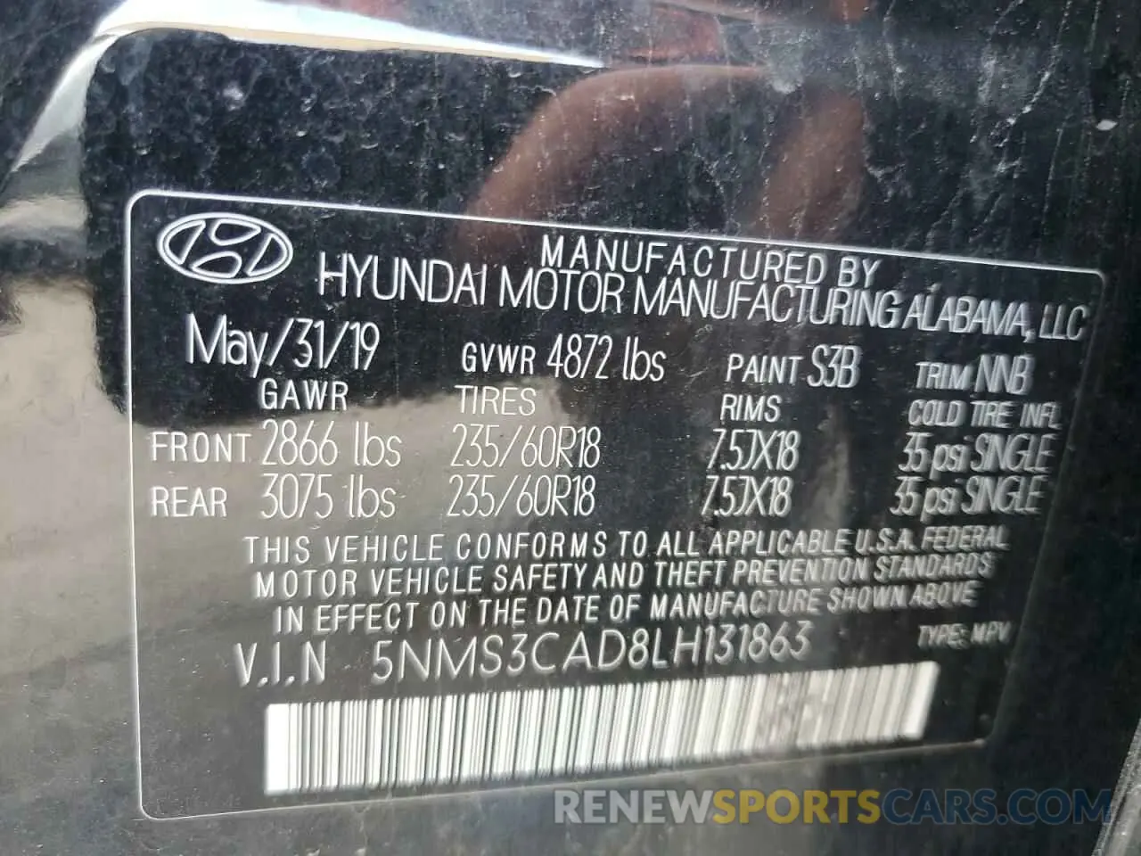13 Photograph of a damaged car 5NMS3CAD8LH131863 HYUNDAI SANTA FE 2020