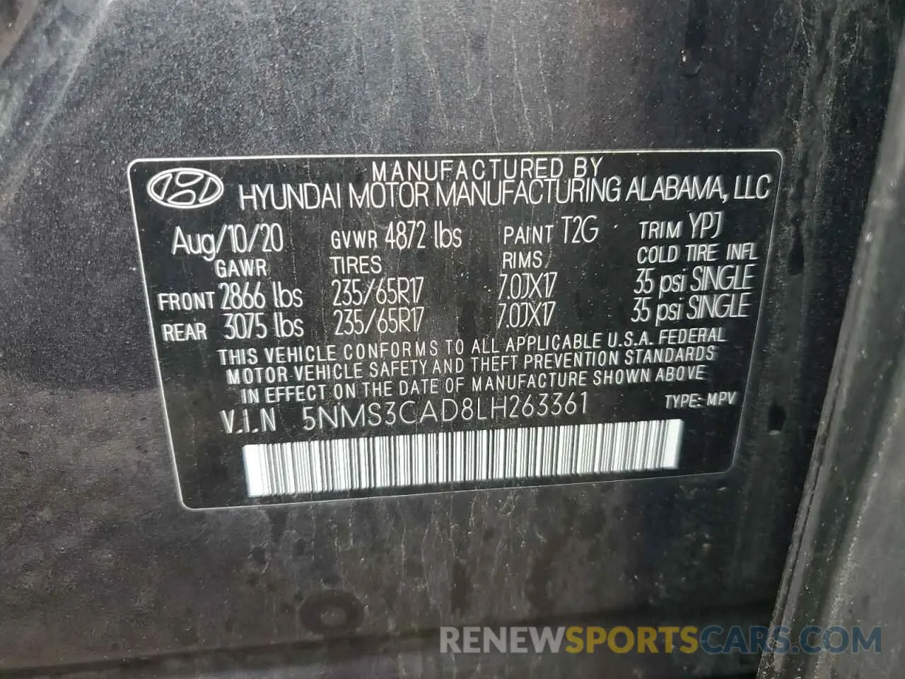 13 Photograph of a damaged car 5NMS3CAD8LH263361 HYUNDAI SANTA FE 2020