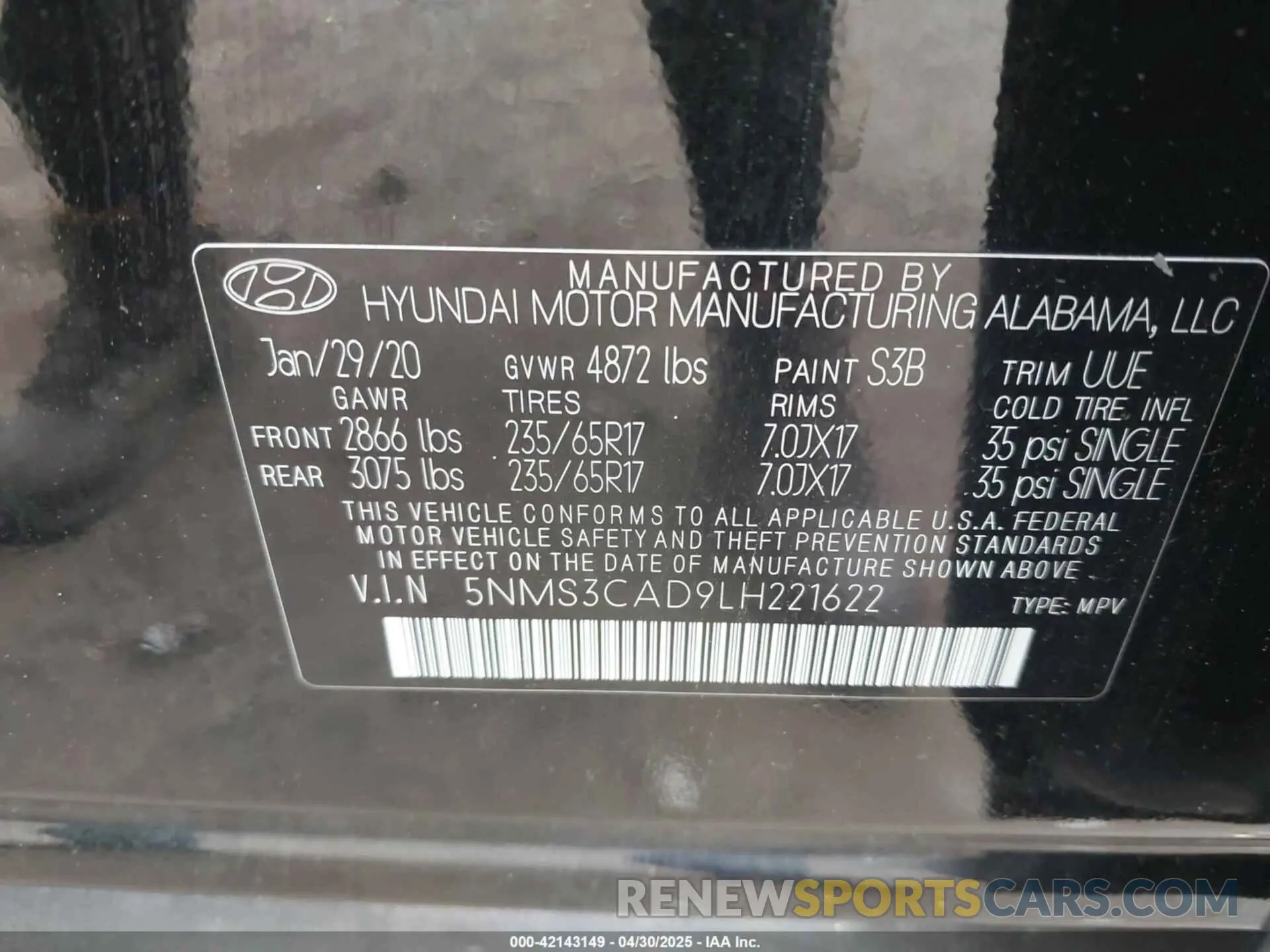 9 Photograph of a damaged car 5NMS3CAD9LH221622 HYUNDAI SANTA FE 2020
