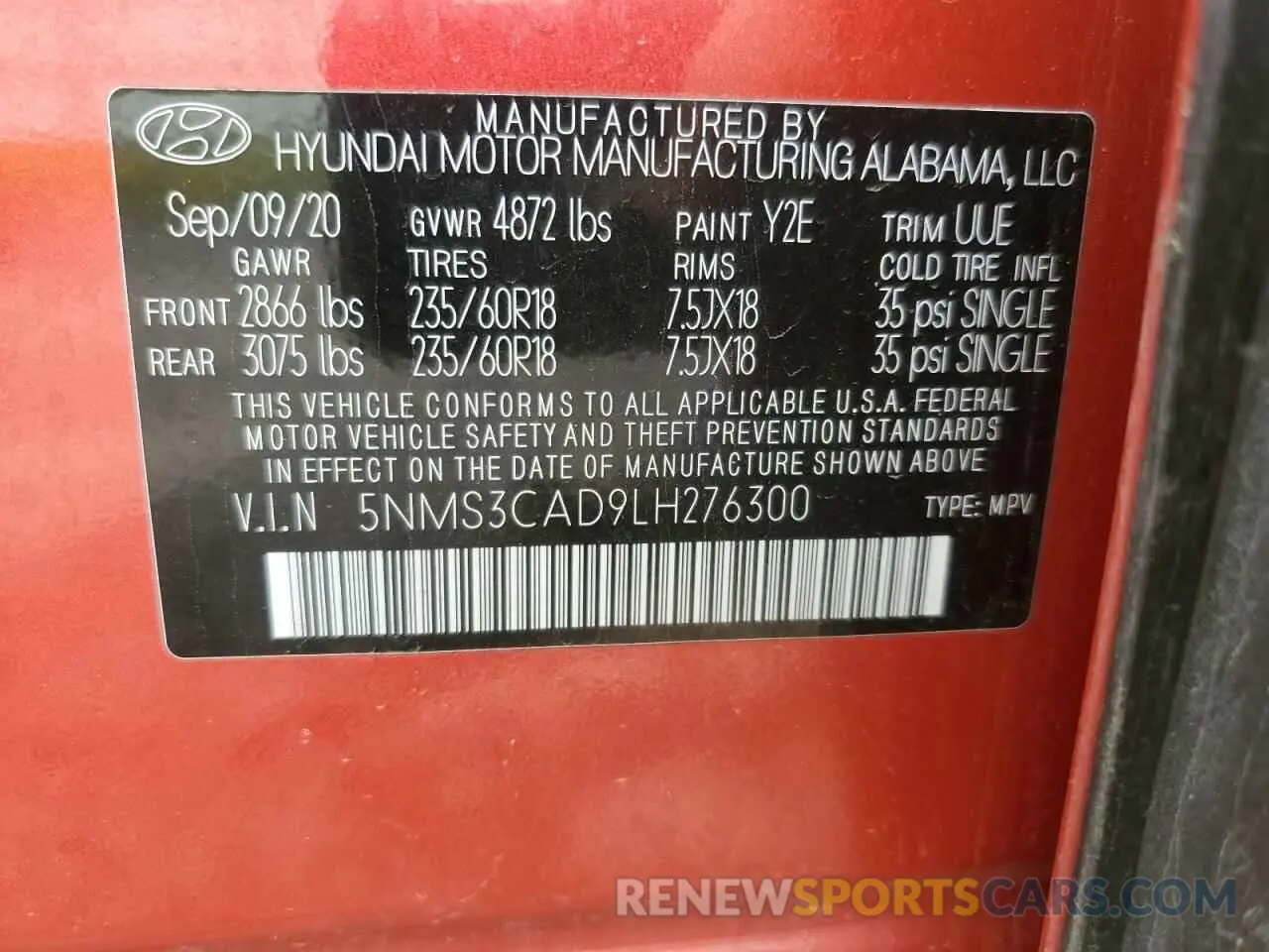 13 Photograph of a damaged car 5NMS3CAD9LH276300 HYUNDAI SANTA FE 2020
