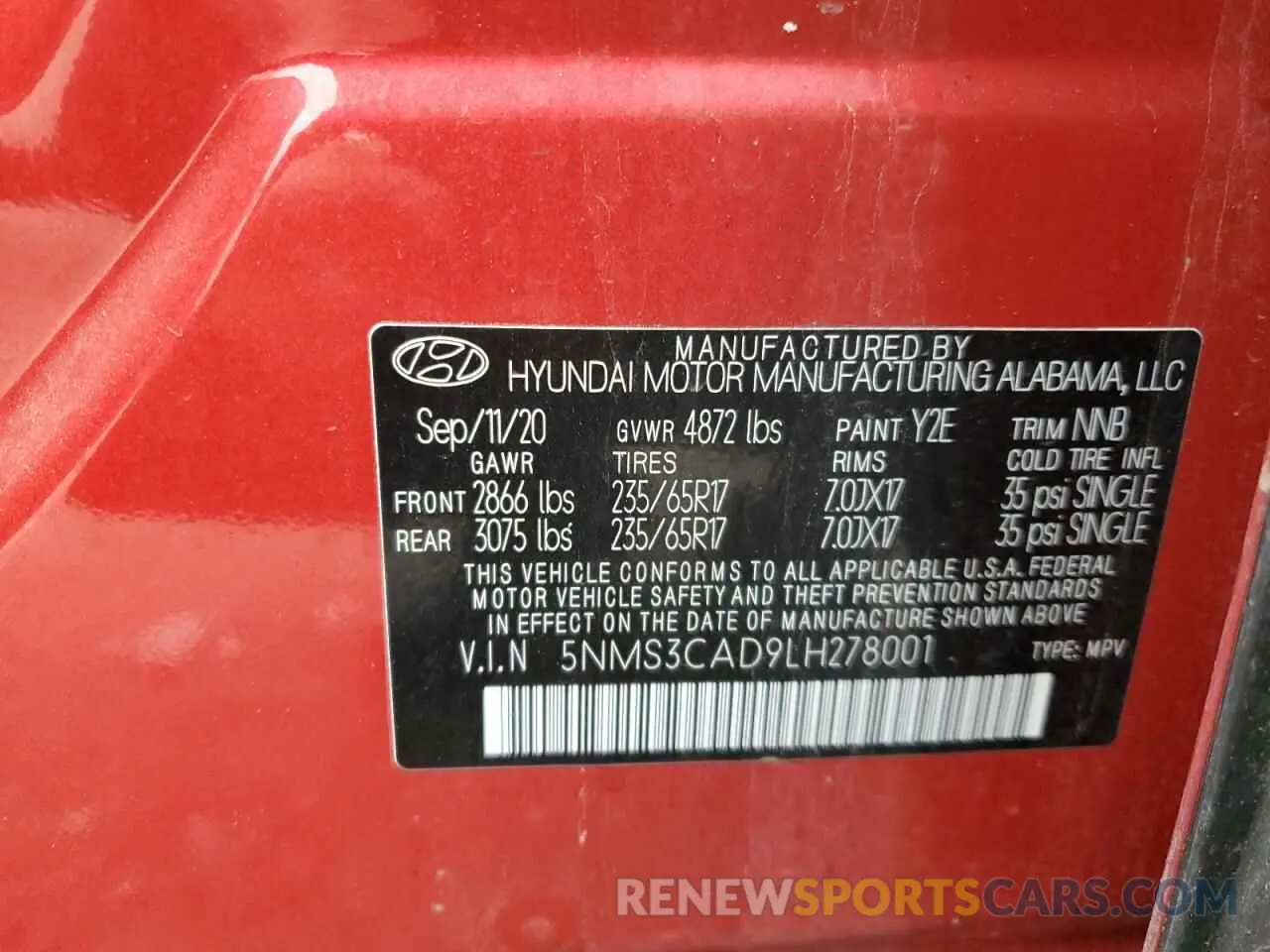 13 Photograph of a damaged car 5NMS3CAD9LH278001 HYUNDAI SANTA FE 2020
