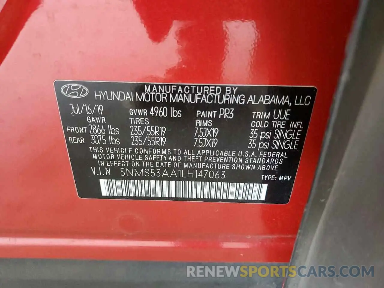 12 Photograph of a damaged car 5NMS53AA1LH147063 HYUNDAI SANTA FE 2020