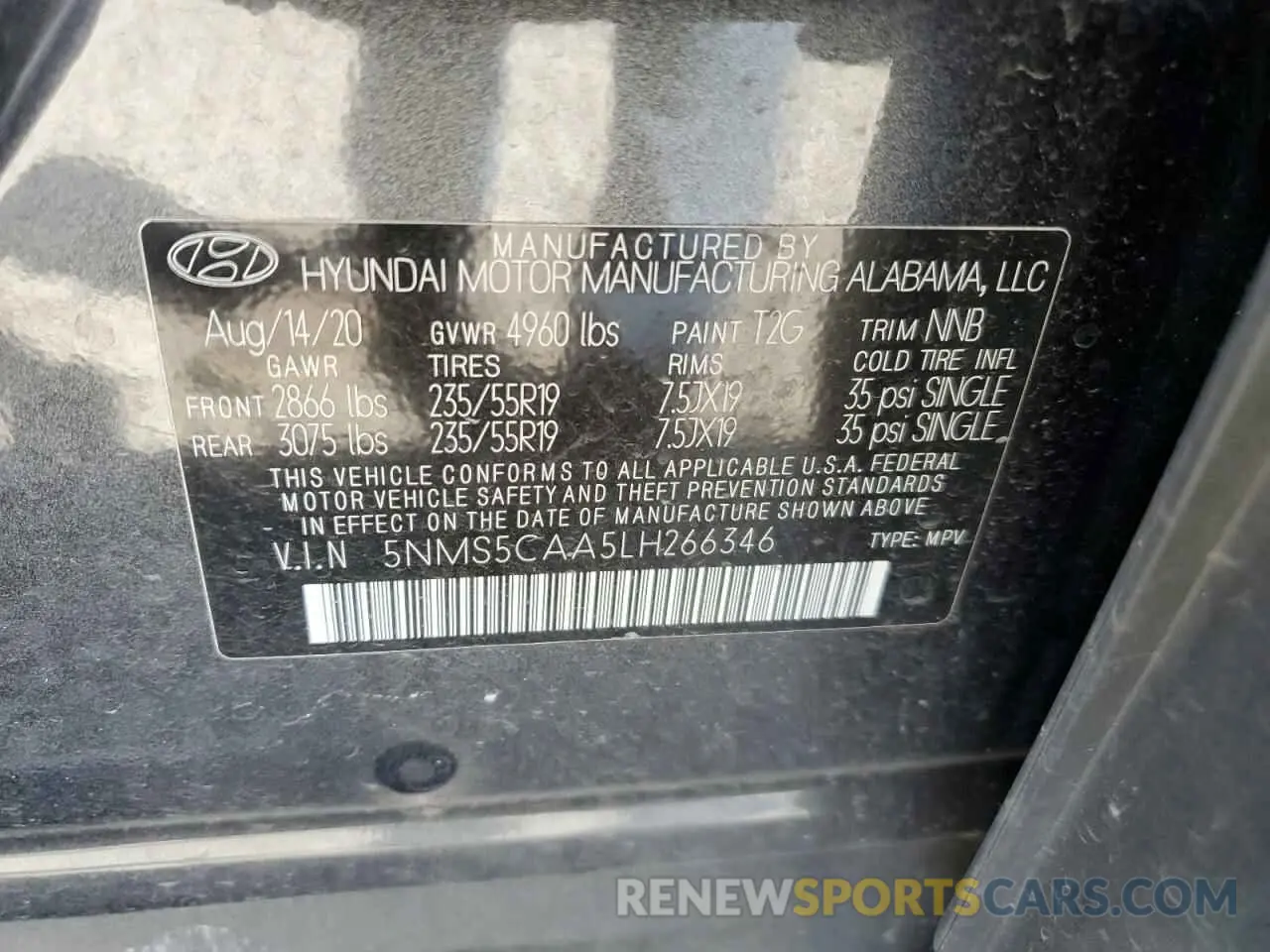 13 Photograph of a damaged car 5NMS5CAA5LH266346 HYUNDAI SANTA FE 2020