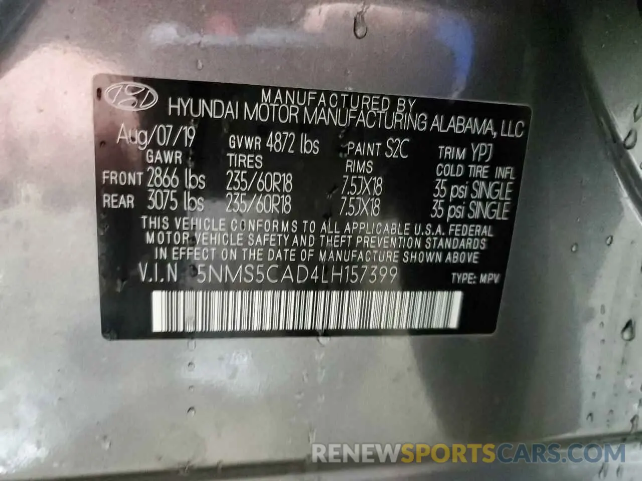 16 Photograph of a damaged car 5NMS5CAD4LH157399 HYUNDAI SANTA FE 2020