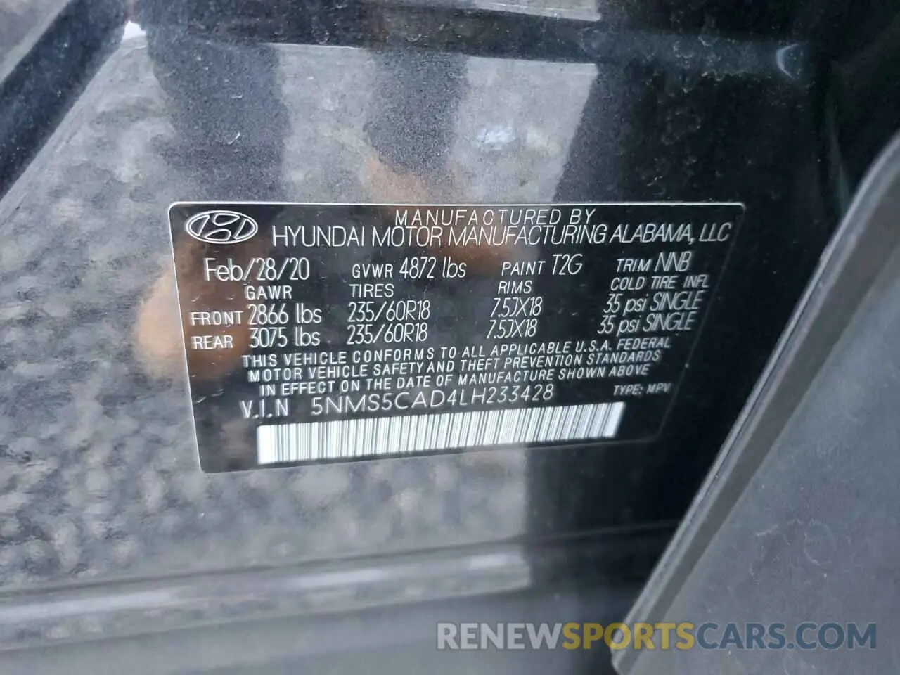 13 Photograph of a damaged car 5NMS5CAD4LH233428 HYUNDAI SANTA FE 2020