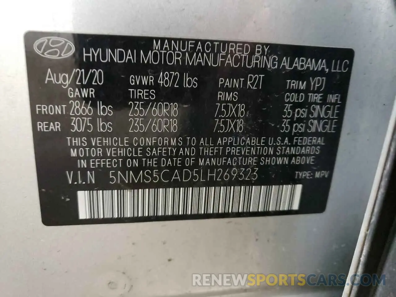 15 Photograph of a damaged car 5NMS5CAD5LH269323 HYUNDAI SANTA FE 2020