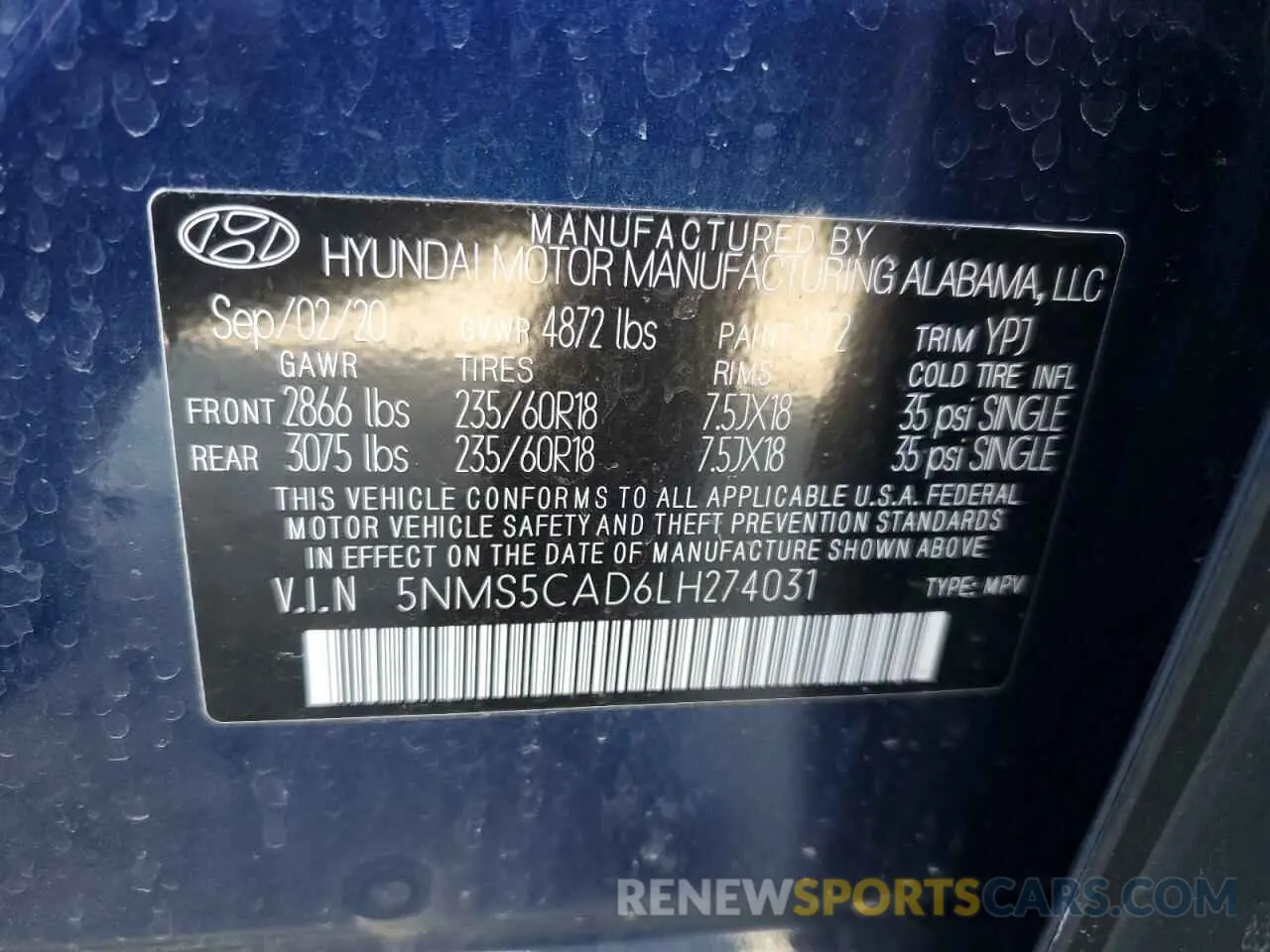 13 Photograph of a damaged car 5NMS5CAD6LH274031 HYUNDAI SANTA FE 2020