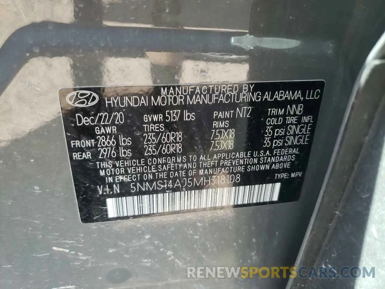 10 Photograph of a damaged car 5NMS14AJ5MH318108 HYUNDAI SANTA FE 2021