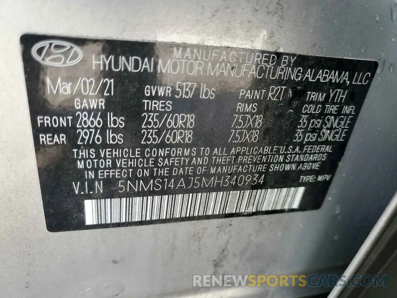 13 Photograph of a damaged car 5NMS14AJ5MH340934 HYUNDAI SANTA FE 2021