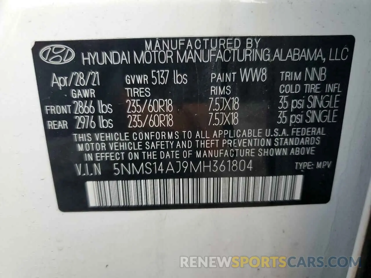 13 Photograph of a damaged car 5NMS14AJ9MH361804 HYUNDAI SANTA FE 2021
