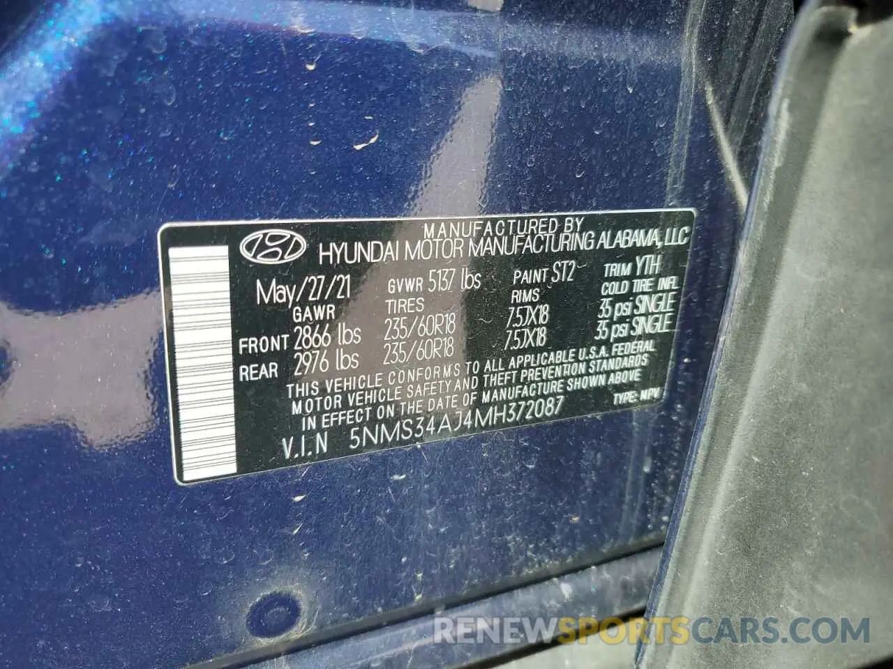 14 Photograph of a damaged car 5NMS34AJ4MH372087 HYUNDAI SANTA FE 2021