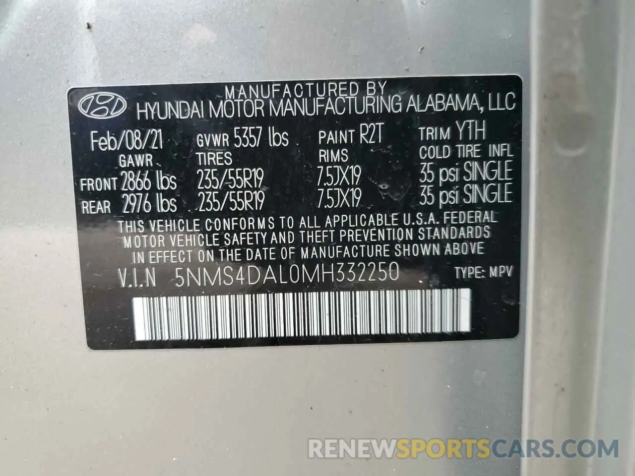 13 Photograph of a damaged car 5NMS4DAL0MH332250 HYUNDAI SANTA FE 2021