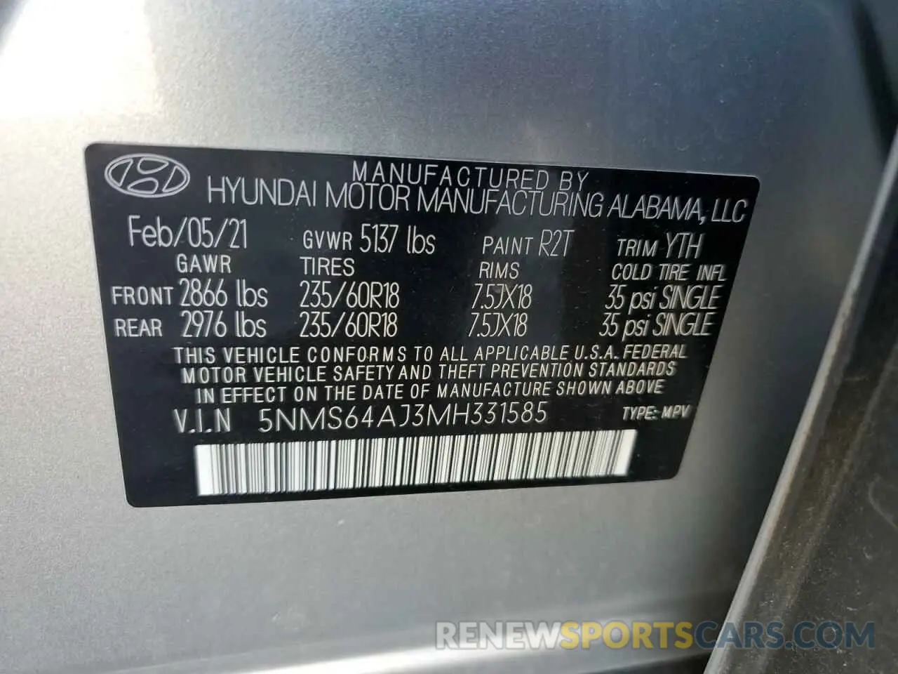 13 Photograph of a damaged car 5NMS64AJ3MH331585 HYUNDAI SANTA FE 2021