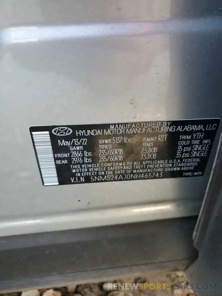 15 Photograph of a damaged car 5NMS24AJ0NH465743 HYUNDAI SANTA FE 2022