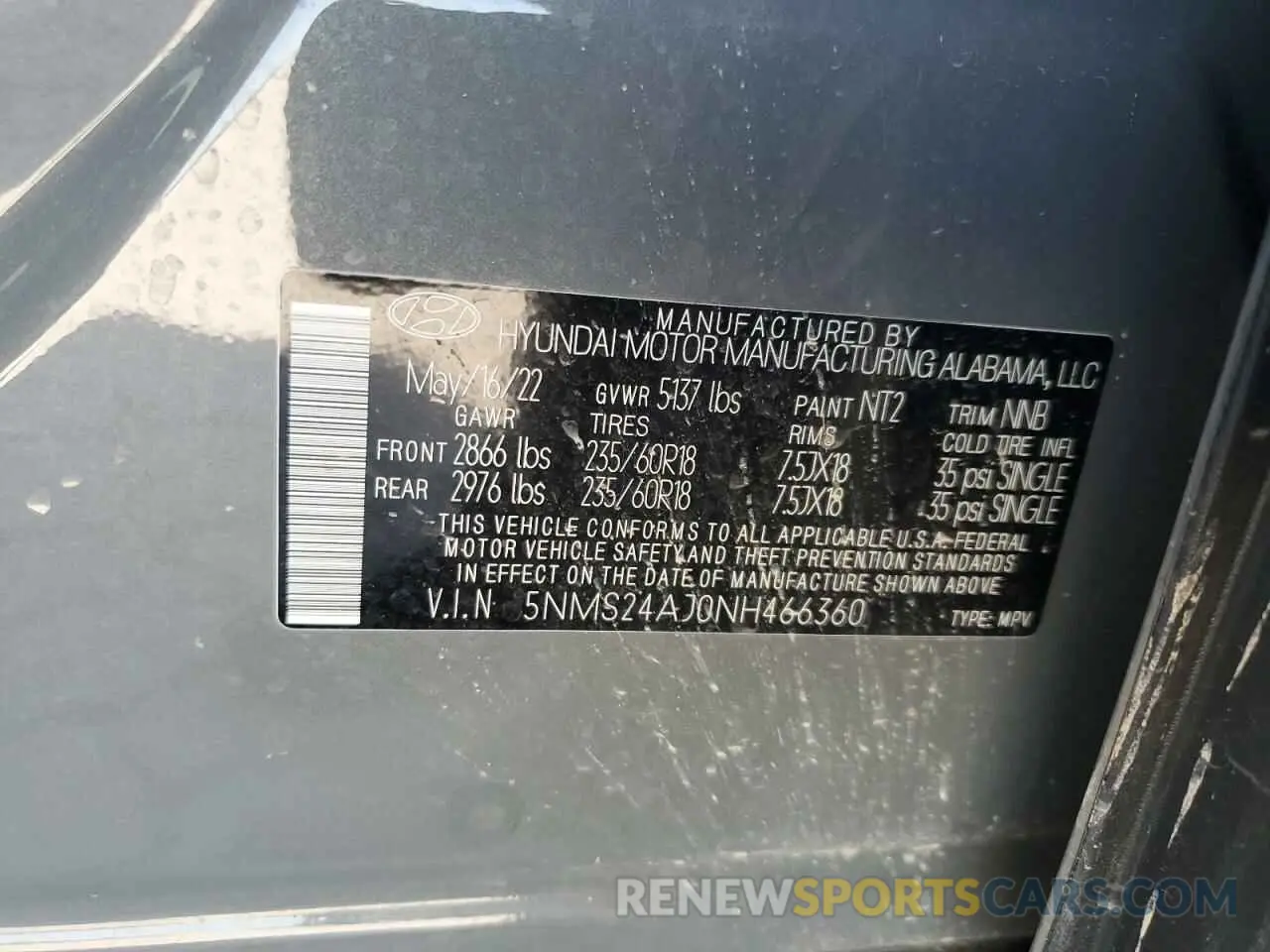 15 Photograph of a damaged car 5NMS24AJ0NH466360 HYUNDAI SANTA FE 2022