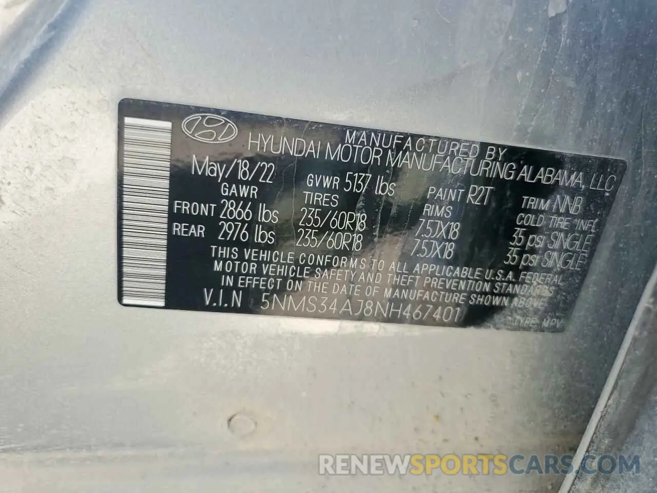 13 Photograph of a damaged car 5NMS34AJ8NH467401 HYUNDAI SANTA FE 2022
