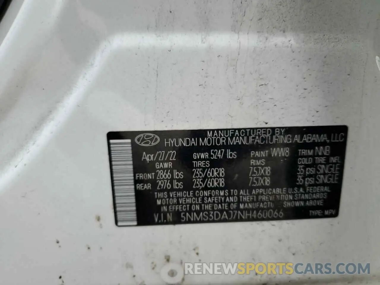 13 Photograph of a damaged car 5NMS3DAJ7NH460066 HYUNDAI SANTA FE 2022