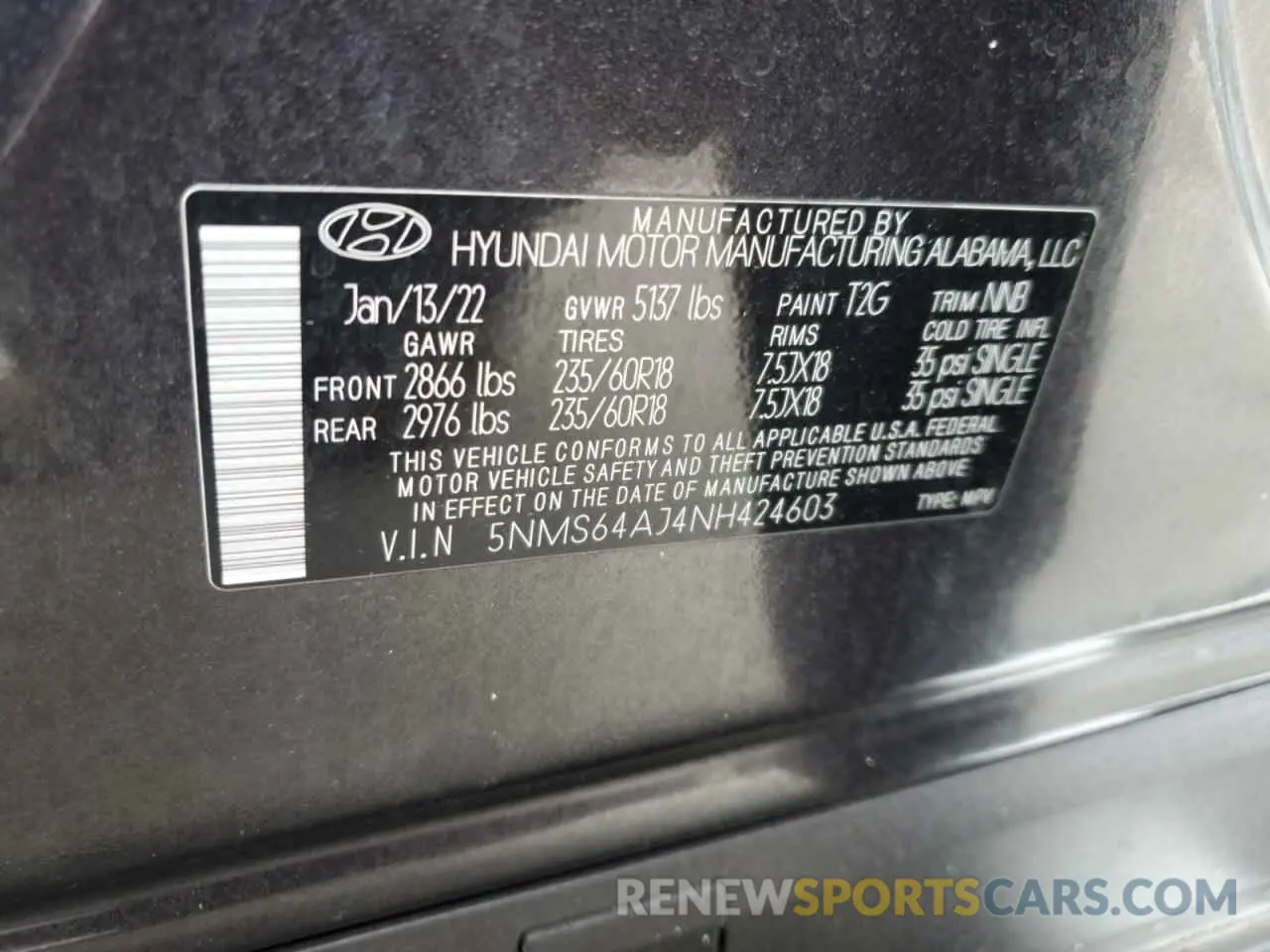13 Photograph of a damaged car 5NMS64AJ4NH424603 HYUNDAI SANTA FE 2022