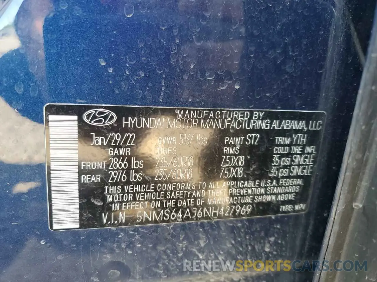 13 Photograph of a damaged car 5NMS64AJ6NH427969 HYUNDAI SANTA FE 2022