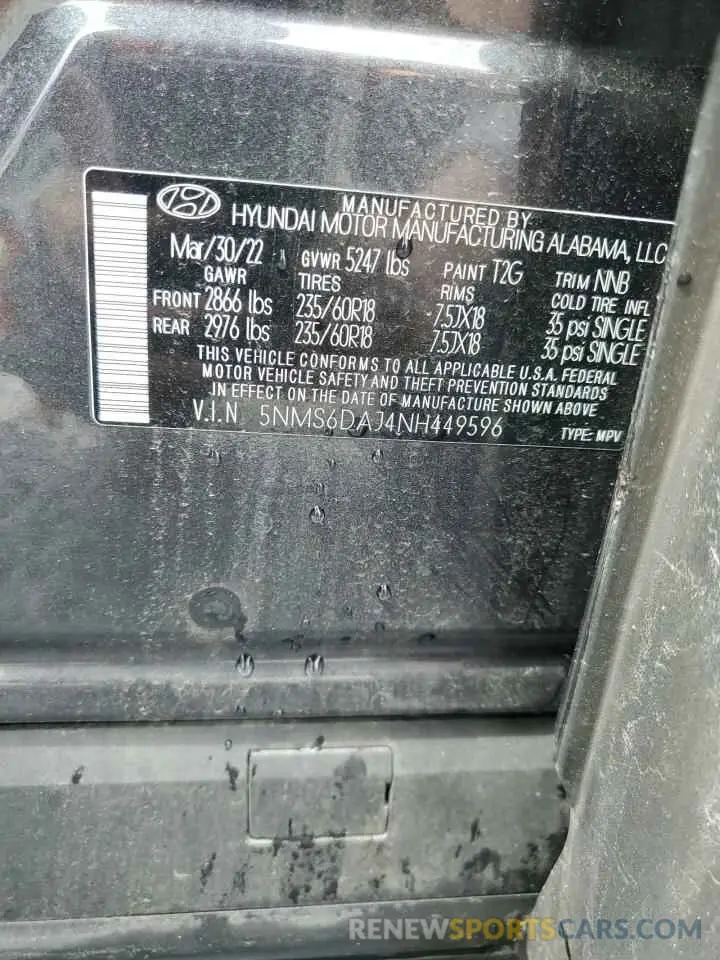 13 Photograph of a damaged car 5NMS6DAJ4NH449596 HYUNDAI SANTA FE 2022