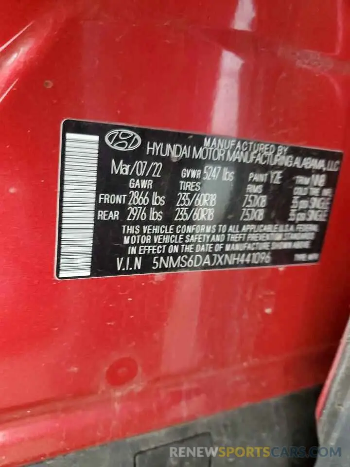 13 Photograph of a damaged car 5NMS6DAJXNH441096 HYUNDAI SANTA FE 2022
