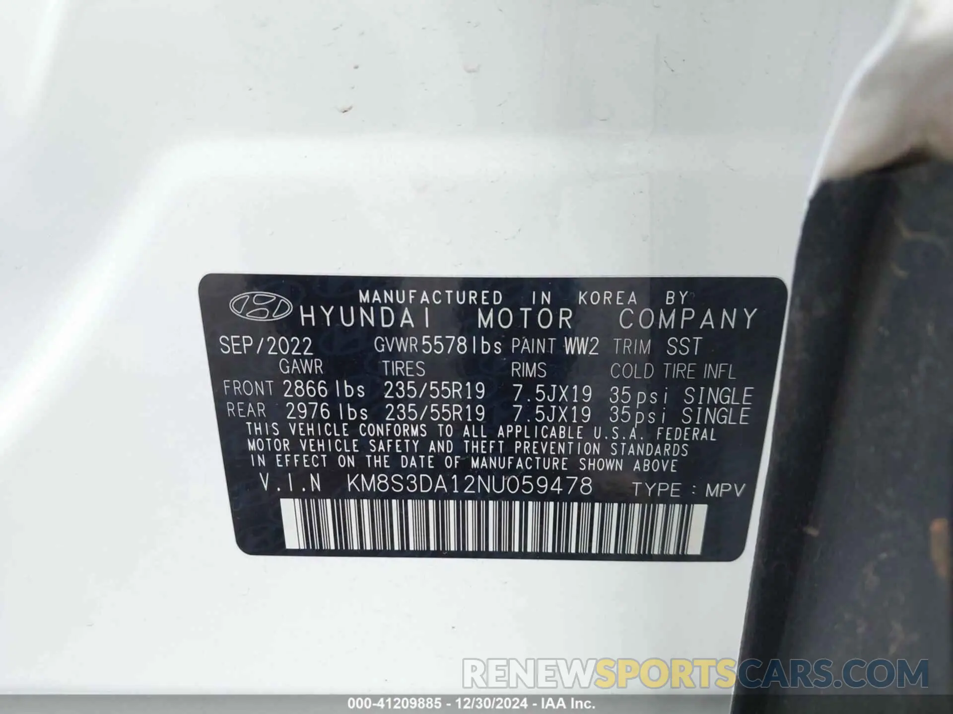 9 Photograph of a damaged car KM8S3DA12NU059478 HYUNDAI SANTA FE 2022