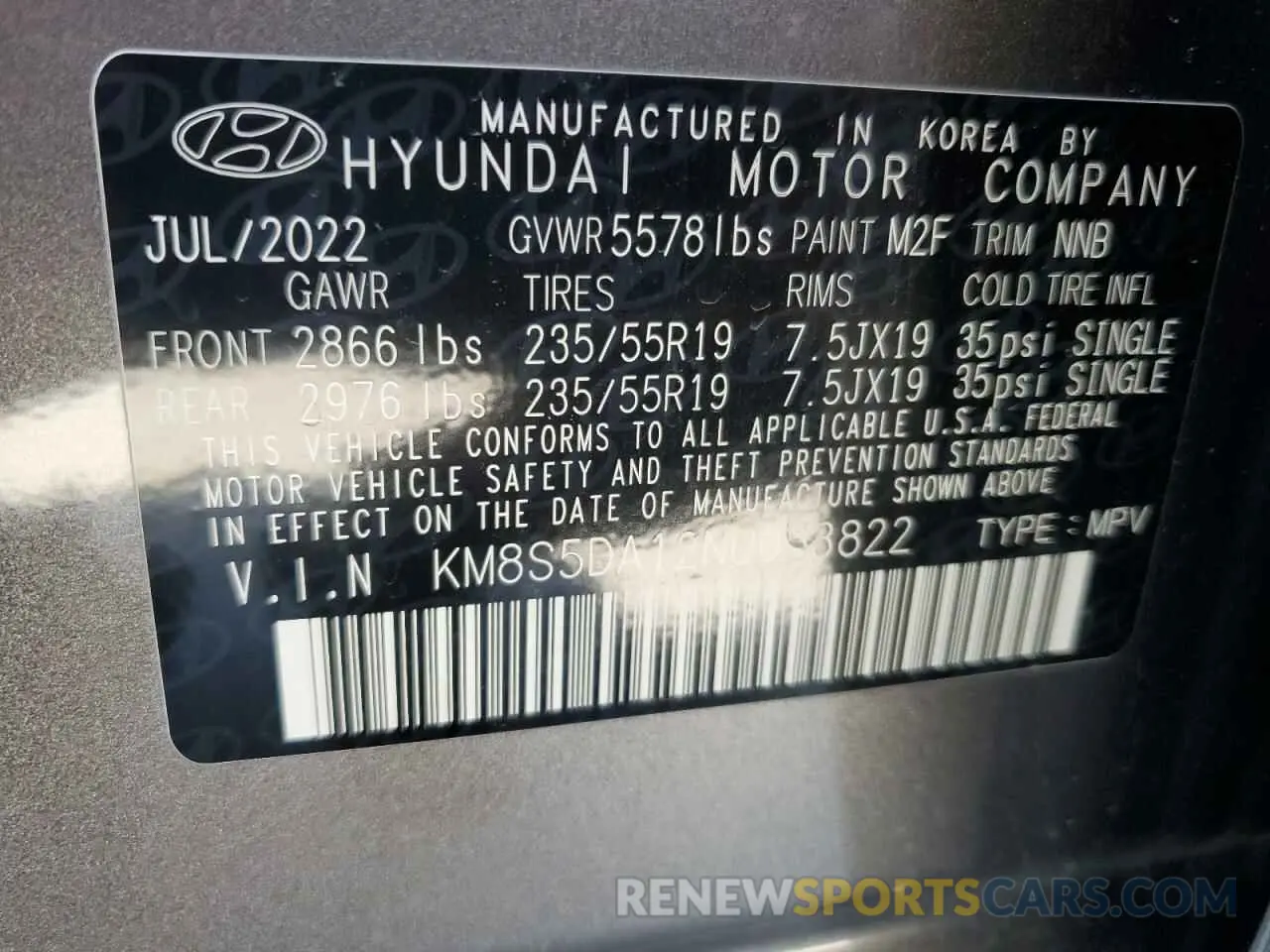 13 Photograph of a damaged car KM8S5DA12NU053822 HYUNDAI SANTA FE 2022