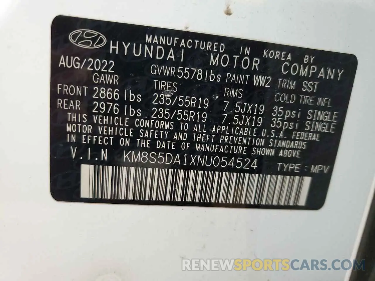 14 Photograph of a damaged car KM8S5DA1XNU054524 HYUNDAI SANTA FE 2022