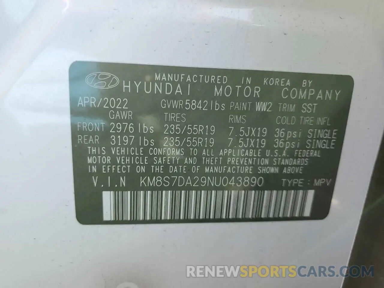14 Photograph of a damaged car KM8S7DA29NU043890 HYUNDAI SANTA FE 2022