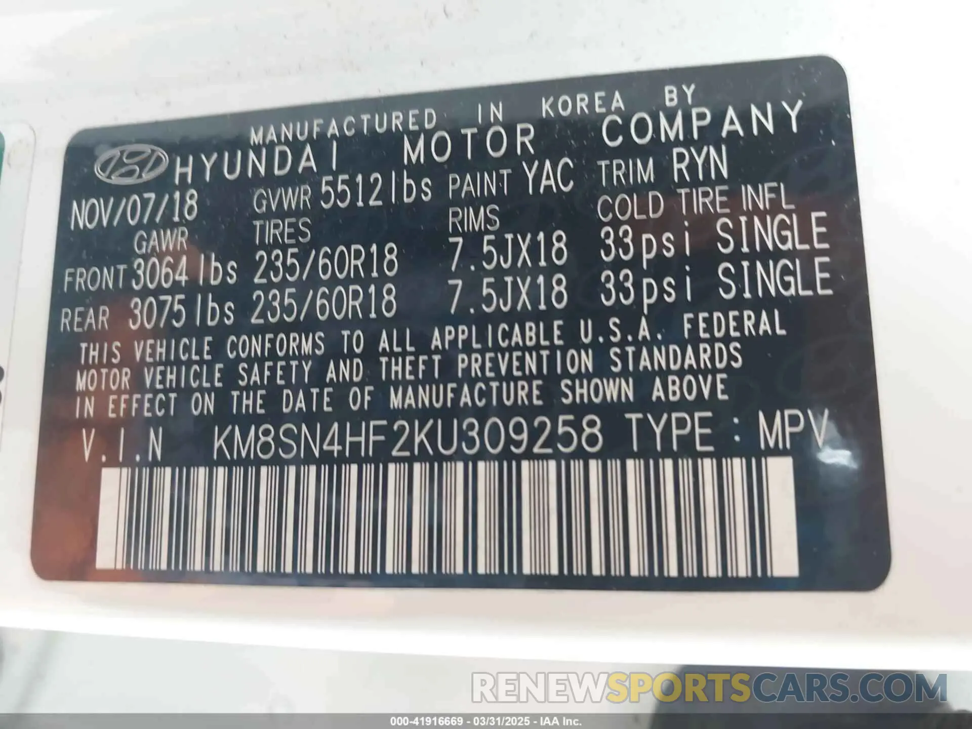 9 Photograph of a damaged car KM8SN4HF2KU309258 HYUNDAI SANTA FE XL 2019