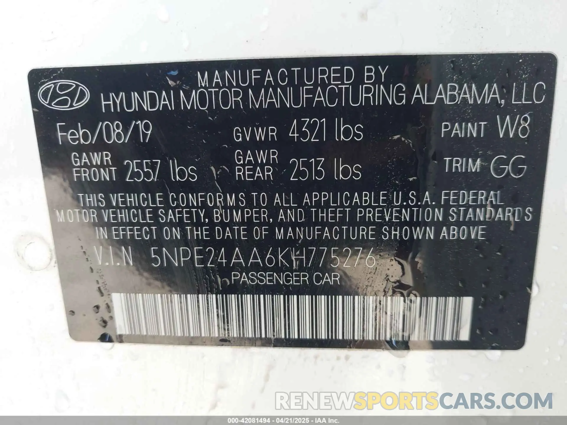 9 Photograph of a damaged car 5NPE24AA6KH775276 HYUNDAI SONATA 2019