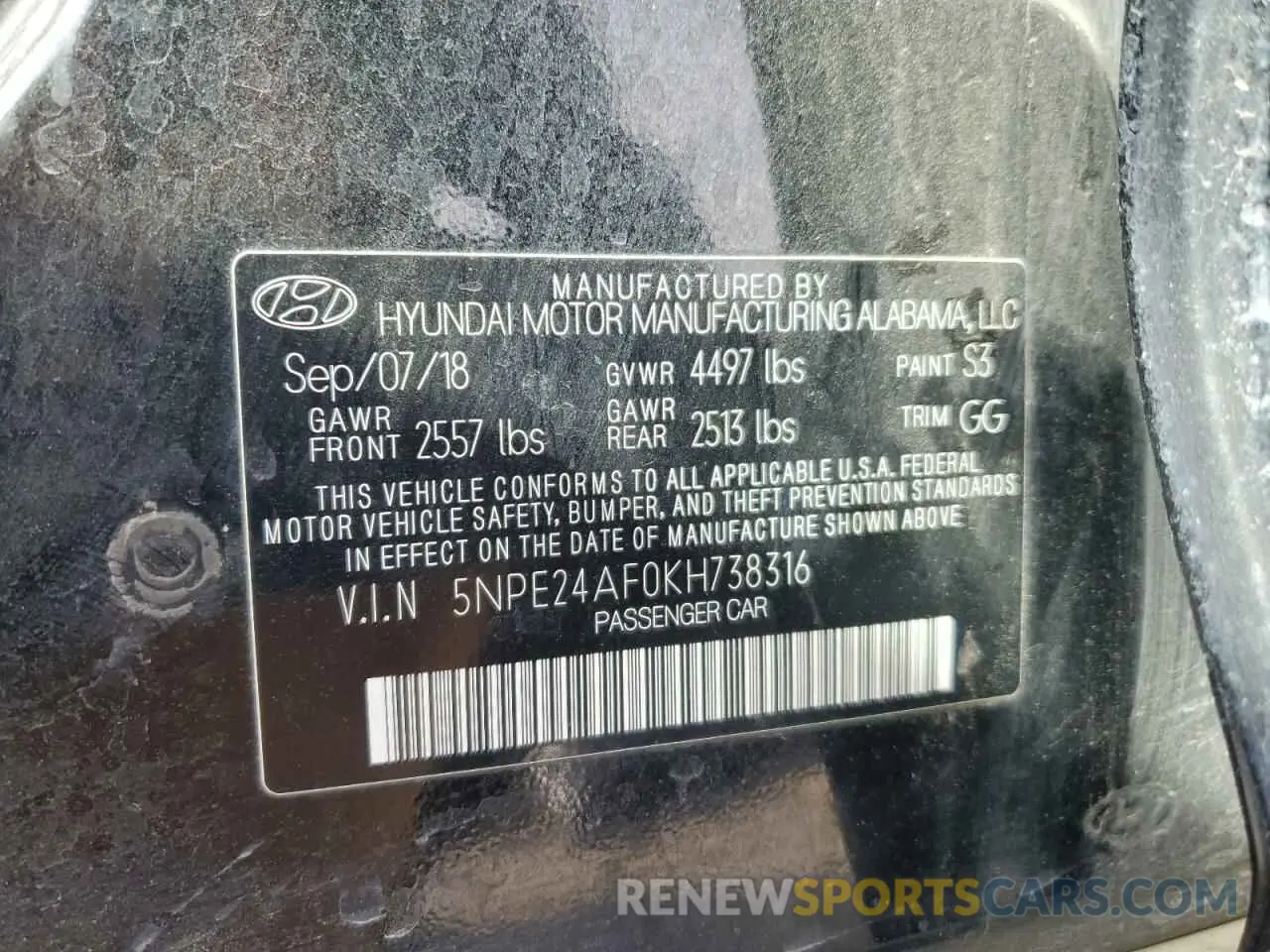 13 Photograph of a damaged car 5NPE24AF0KH738316 HYUNDAI SONATA 2019